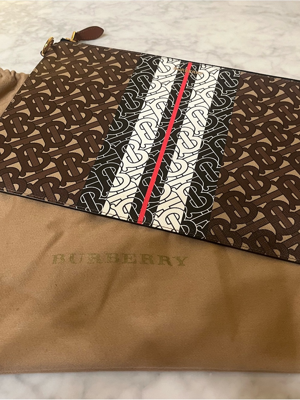 Burberry Brown TB Monogram Zip Pouch with Black, White and Red Stripe